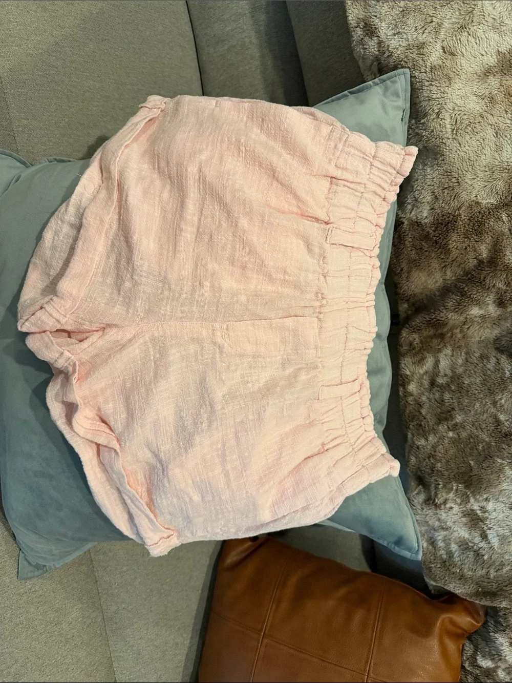 Free People Pale Pink Drawstring Waist Linen-Blend Shorts